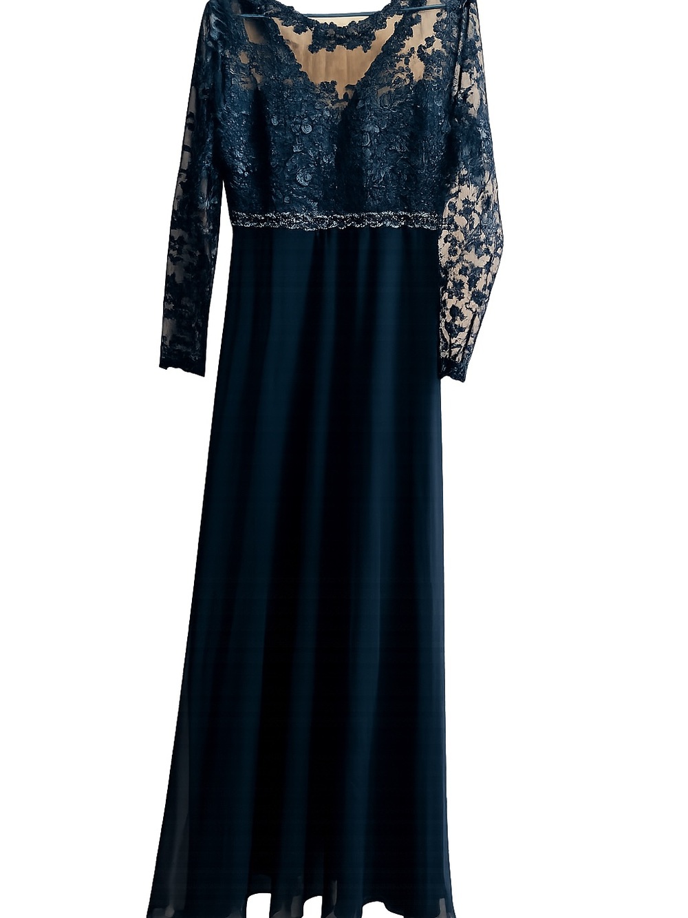 Long Sleeve Black Mesh Lace/Beaded Bodice & Sleeve, Chiffon Dress